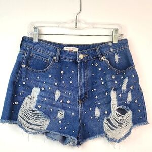 NWT Mele E Pere Womens Denim Blue Jeans Shorts Distressed All Over Stones, sz LG
